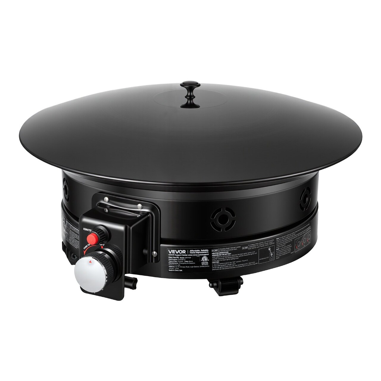 Black 19-Inch Propane Fire Pit 53,000 BTU Portable Gas Firebowl with Grill